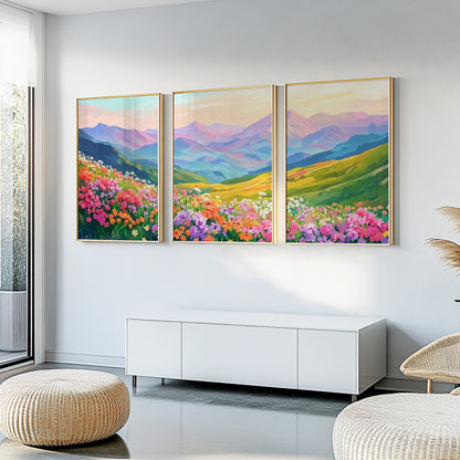 Set of 3 Colorful Mountain Prints – Wild Flowers Landscape Art, Modern Boho Nature Gallery Wall