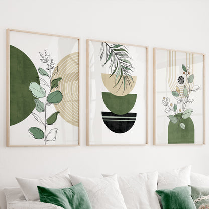 Green black boho wall art set of 3 prints. Mid century modern room decor aesthetic boho large gallery wall set poster.