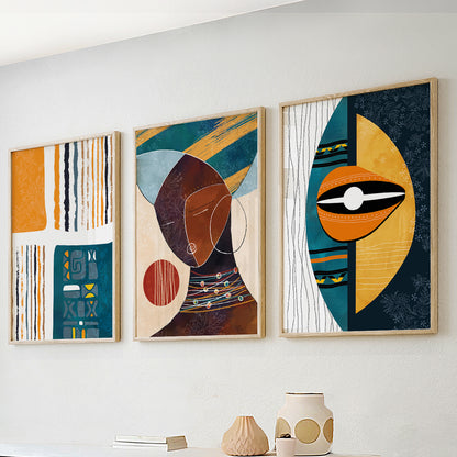 Abstract bright African American art set of 3 – black woman portrait gallery wall set, colorful above bed decor