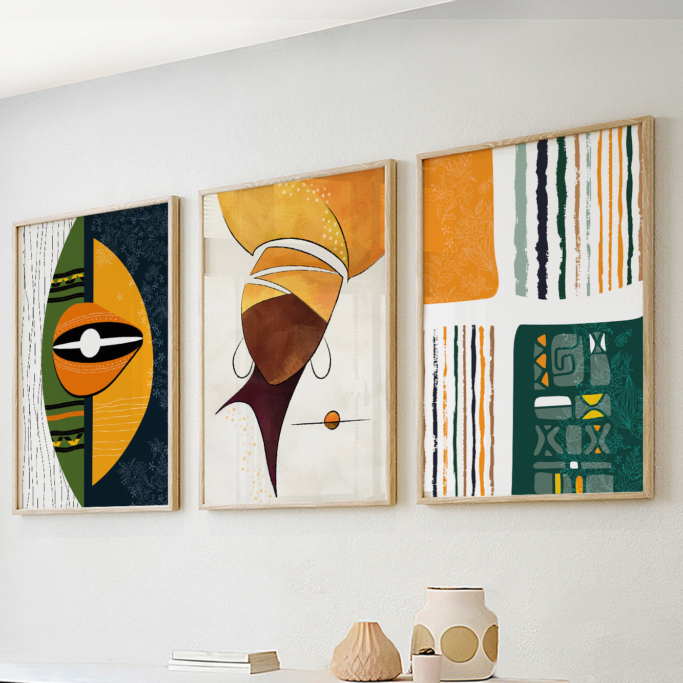 Vibrant abstract African American art set, 3 large ethnic prints for modern home or gift idea