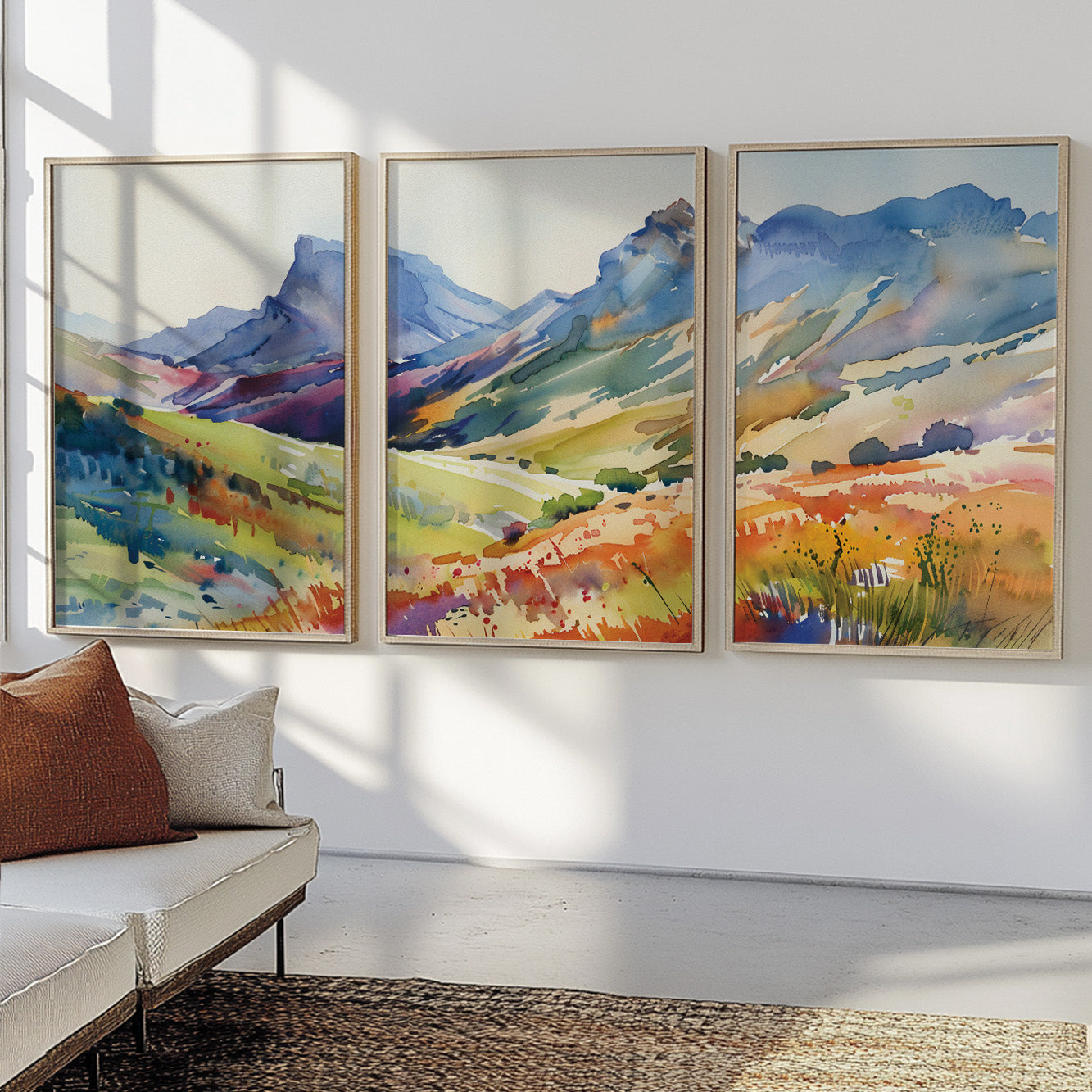 Abstract Bright Mountain Art Set of 3 – Colorful Minimalist Landscape Posters for Room Decor