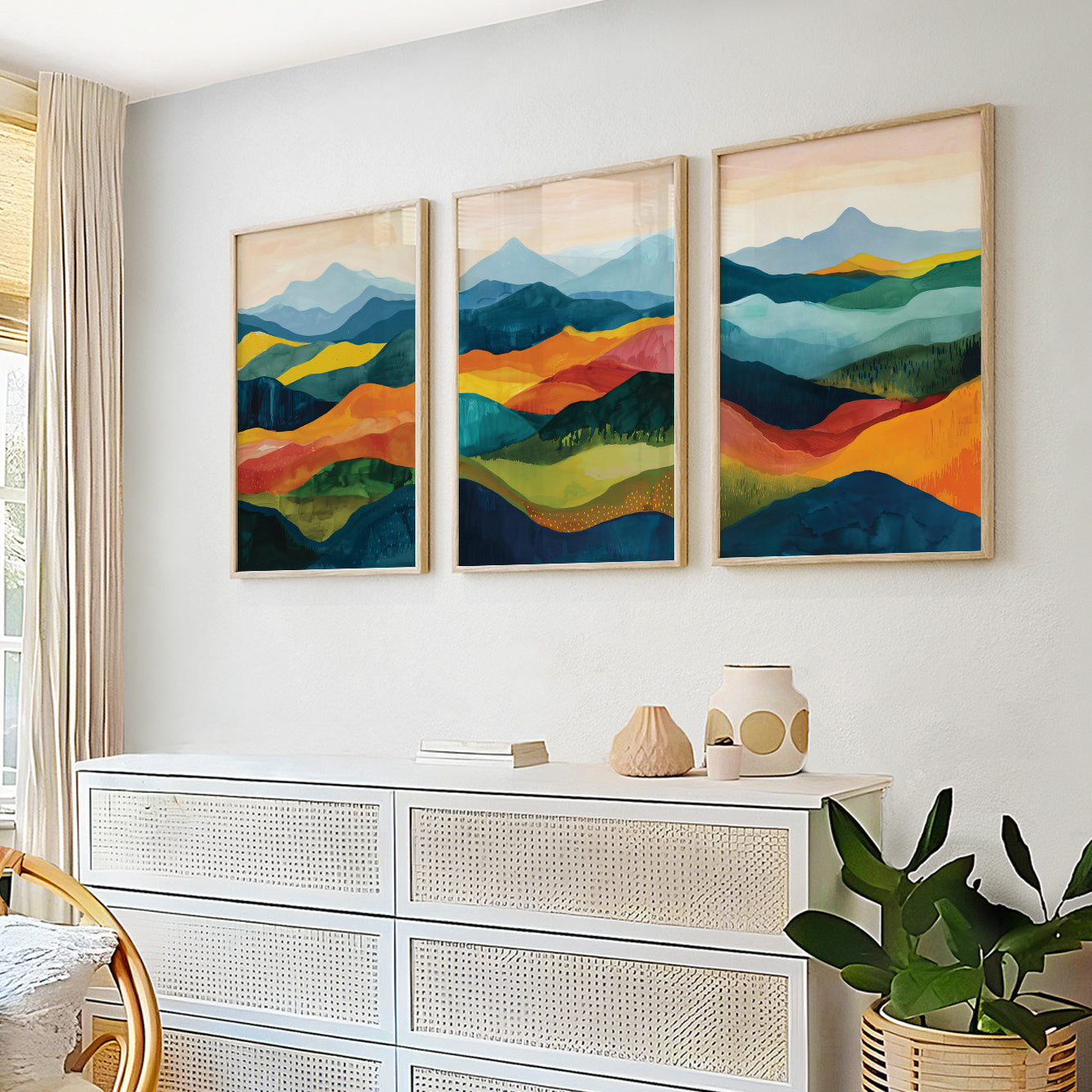 Set of 3 Colorful Mountain Landscape Prints – Abstract Wall Art for Bedroom