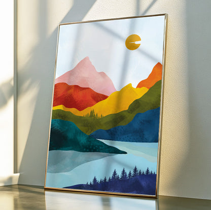 Modern Scandinavian Colorful Mountains Wall Art – Abstract Nordic Landscape Print