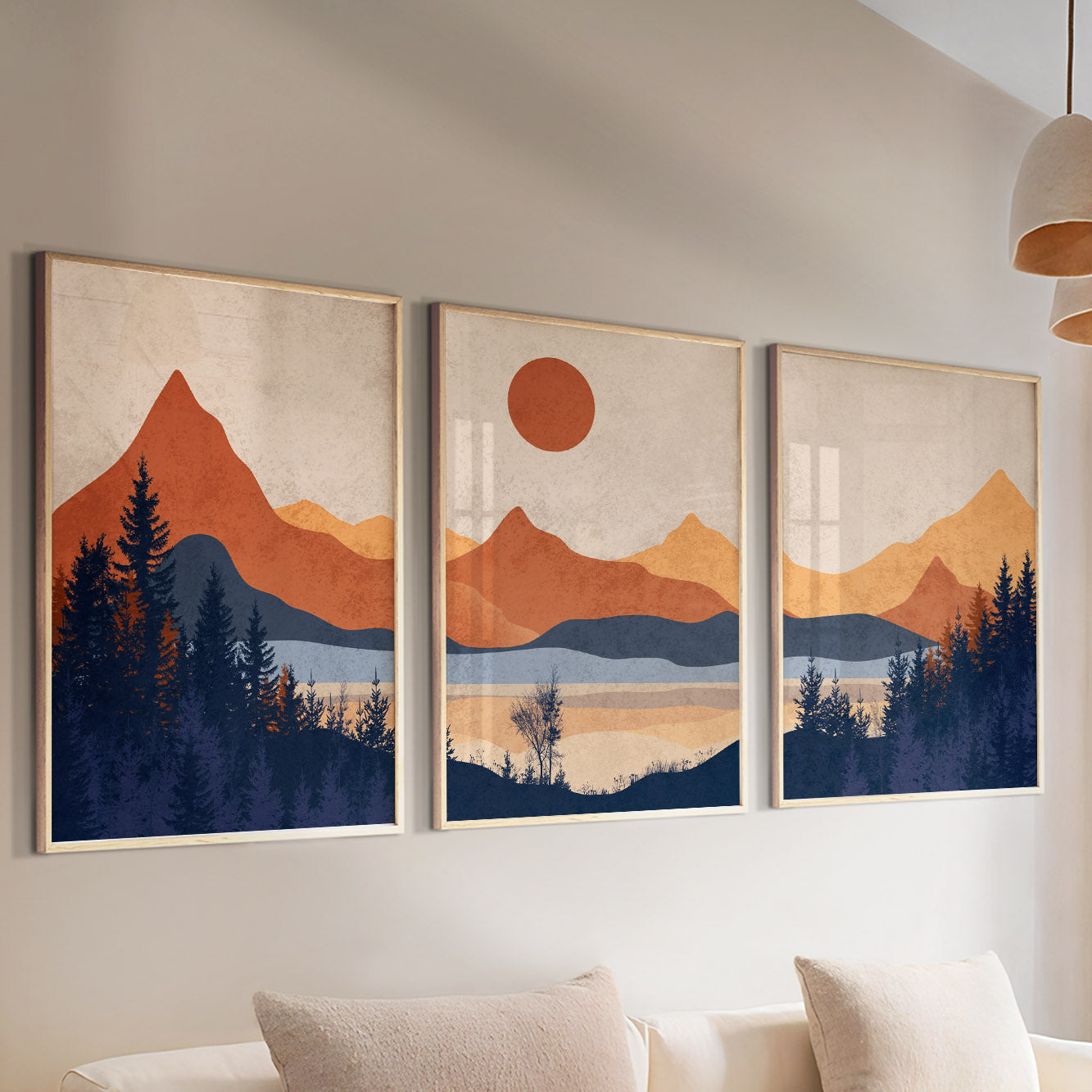 3 Piece Bright Mountain Wall Art – Modern Minimalist Terracotta and Blue Abstract Landscape Posters