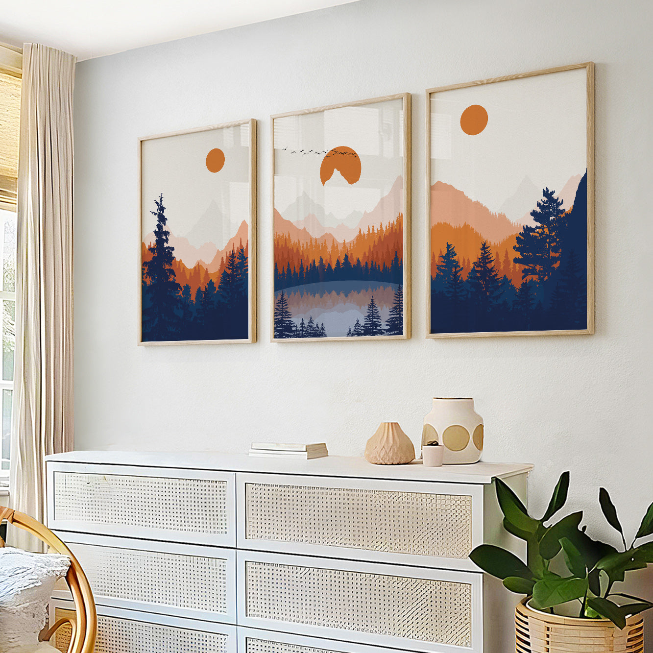 Orange and Deep Blue Abstract Mountain Art Set of 3 – Minimalist Landscape Poster for Living Room