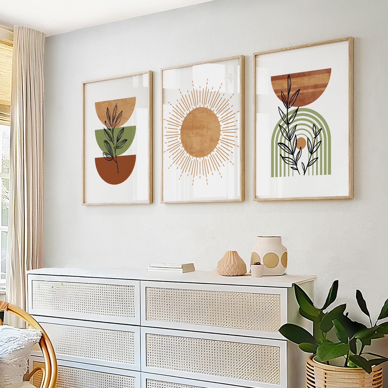 Terracotta green boho gallery wall set of 3. Mid century modern neutral gallery wall set poster. Bohemian livingroom, above bed large prints