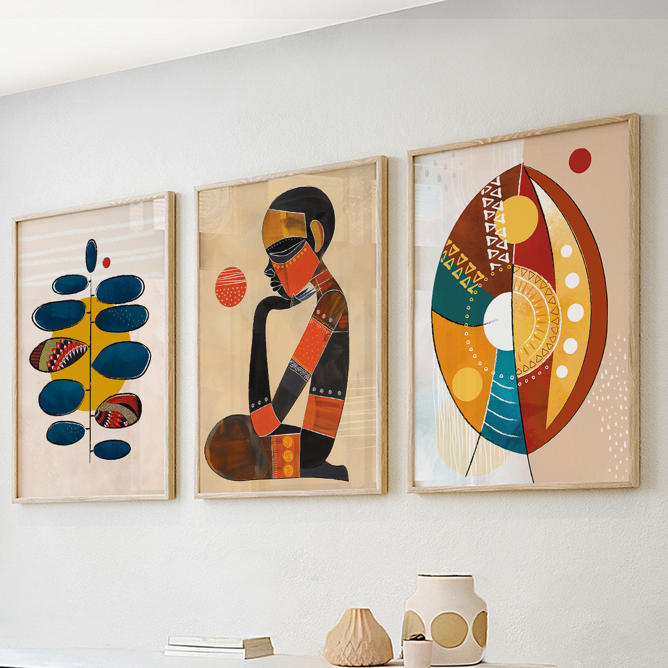 Contemporary above bed African art – modern abstract wall art set of 3 prints, ethnic minimalist gallery decor