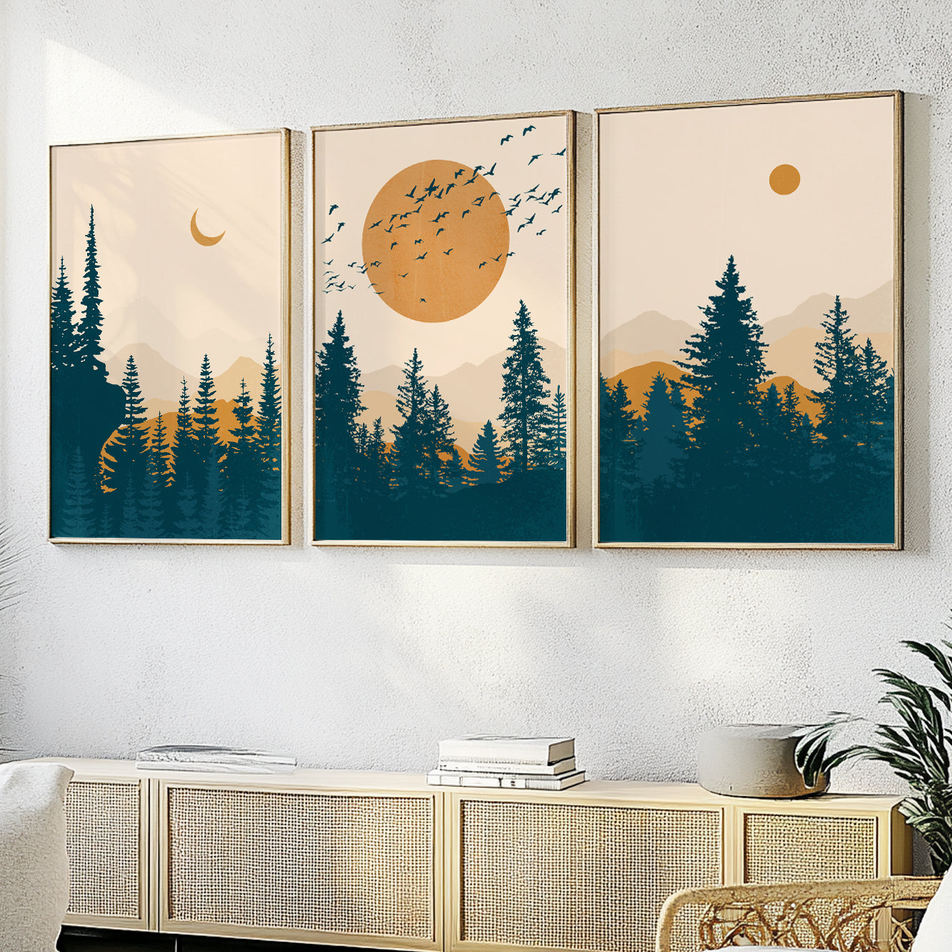 Mountain Wall Art Gallery Set of 3 – Mid Century Modern Terracotta Deep Blue Abstract Landscape for Living Room