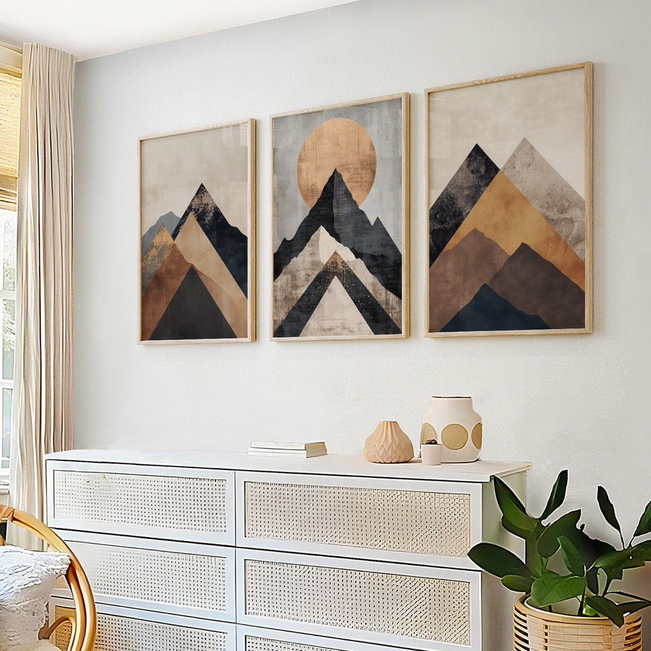 Neutral Terracotta Mountain Wall Art Set of 3 – Minimalist Mid Century Urban Gallery Decor