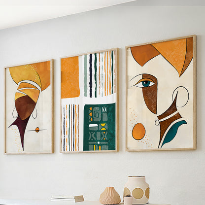 Modern abstract African art set, 3 extra large ethnic women prints for colorful aesthetic home and gift ideas