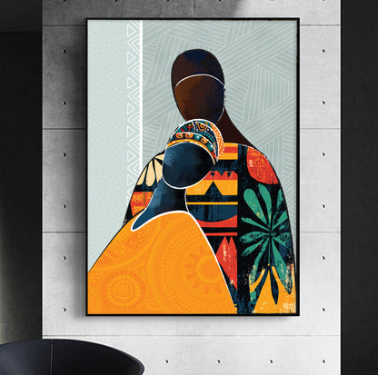 Colorful modern African couple silhouette print – abstract black lovers art for bedroom wall decor