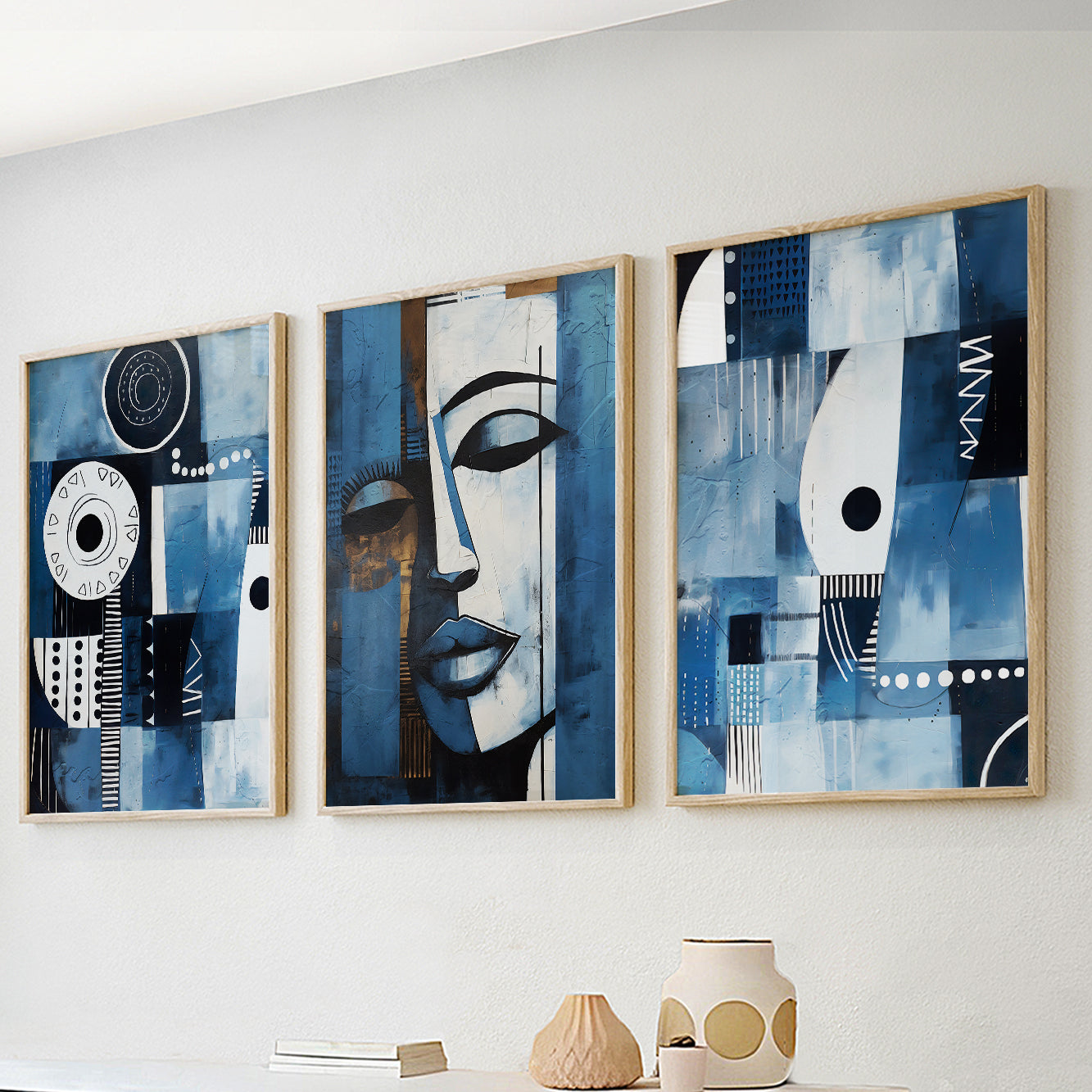 Aesthetic African wall art set of 3 – navy blue abstract prints for above bed or living room