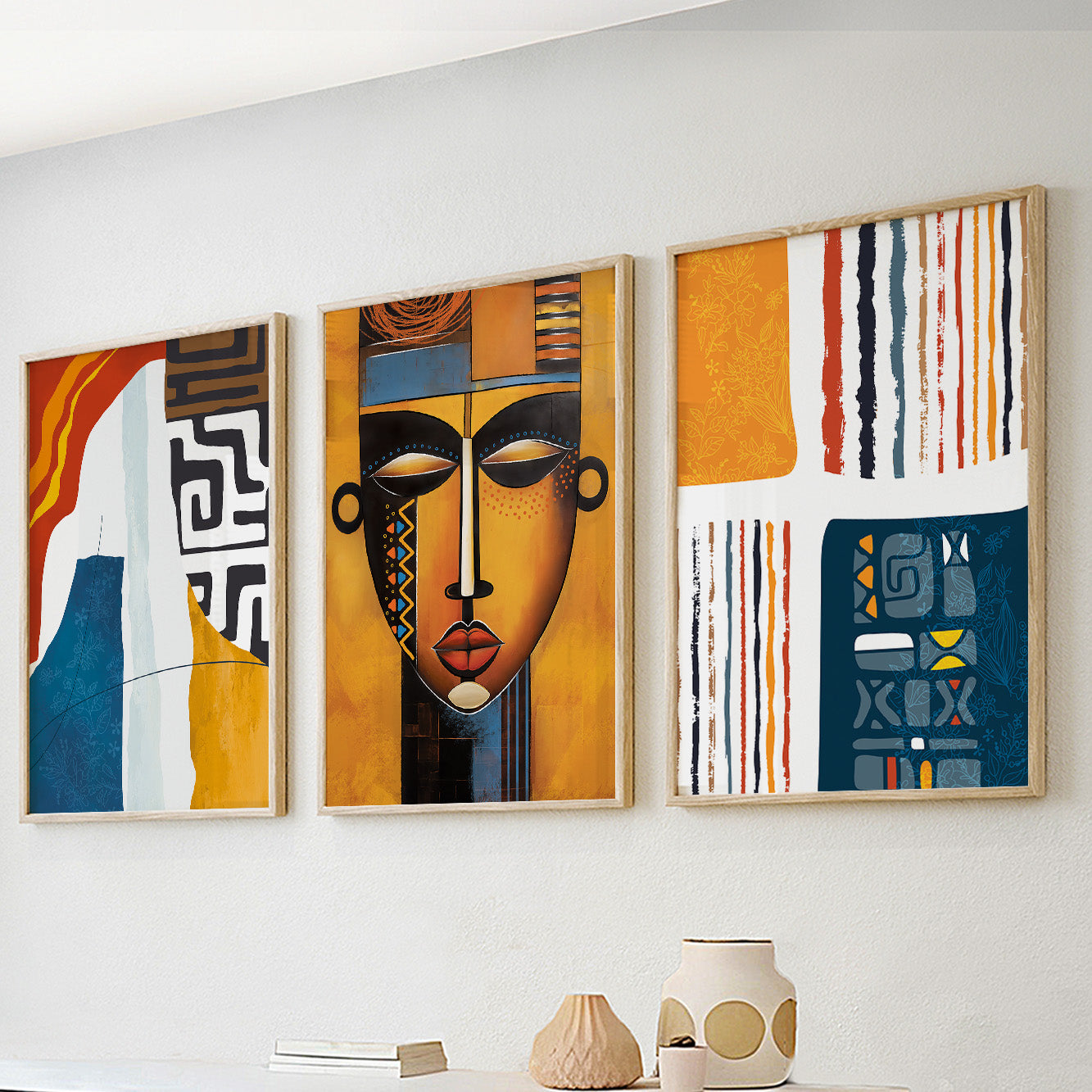 Set of 3 modern African American prints, colorful abstract ethnic art for bedroom or office wall decor