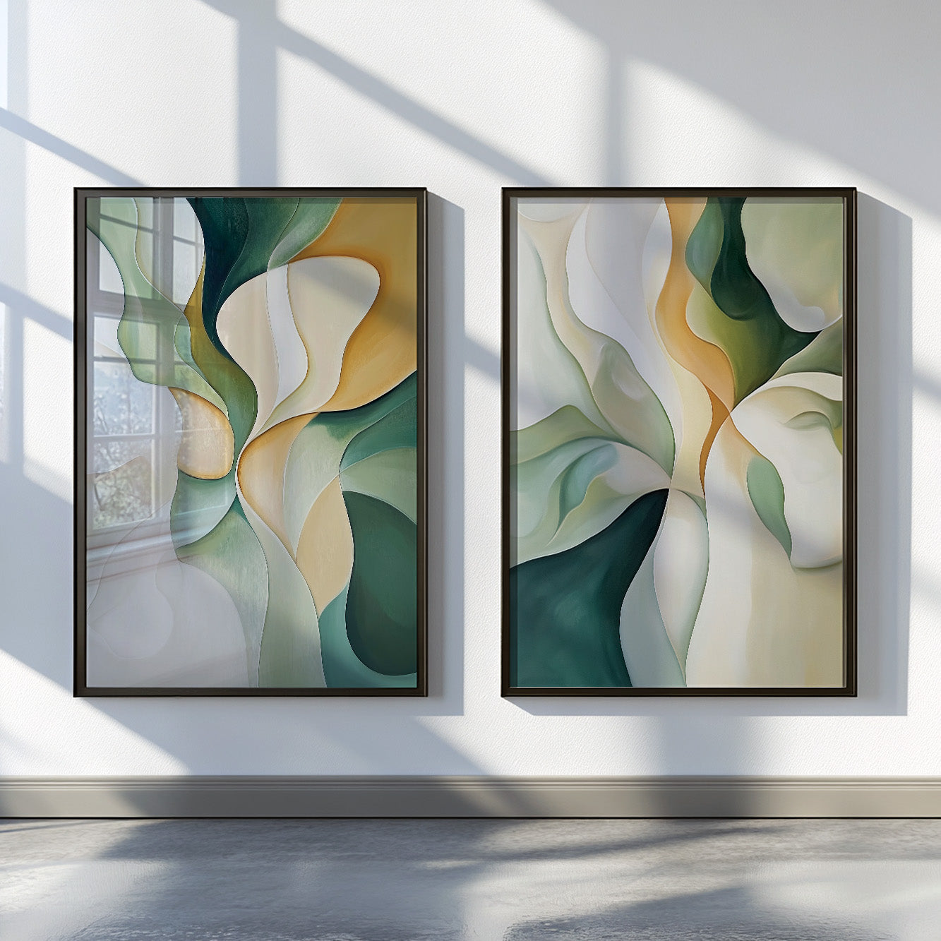 Emerald Green Beige Set of 2 – Modern Brush Stroke Abstract Art