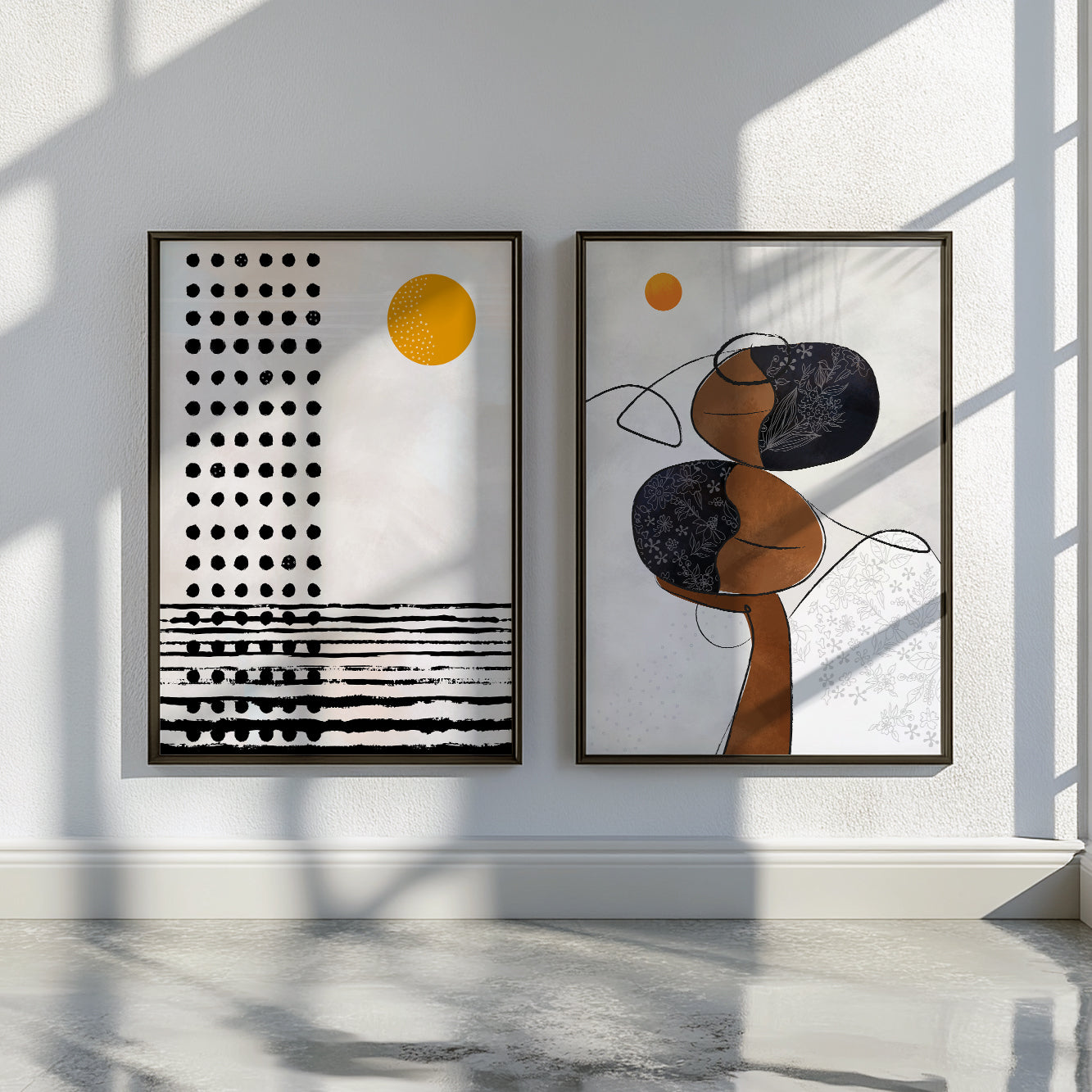 Modern mid-century African American art set of 2 – neutral abstract black woman gallery wall decor, perfect for living room or bedroom