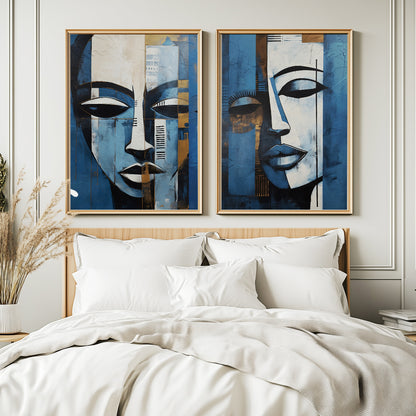 Elegant abstract female portrait set in dark blue, contemporary art prints for stylish decor