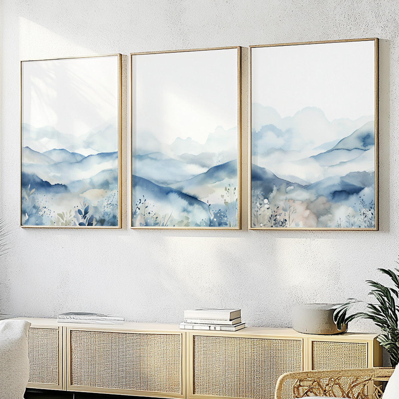 Blue Nordic Mountain Art Prints – Minimalist Abstract Landscape Set of 3