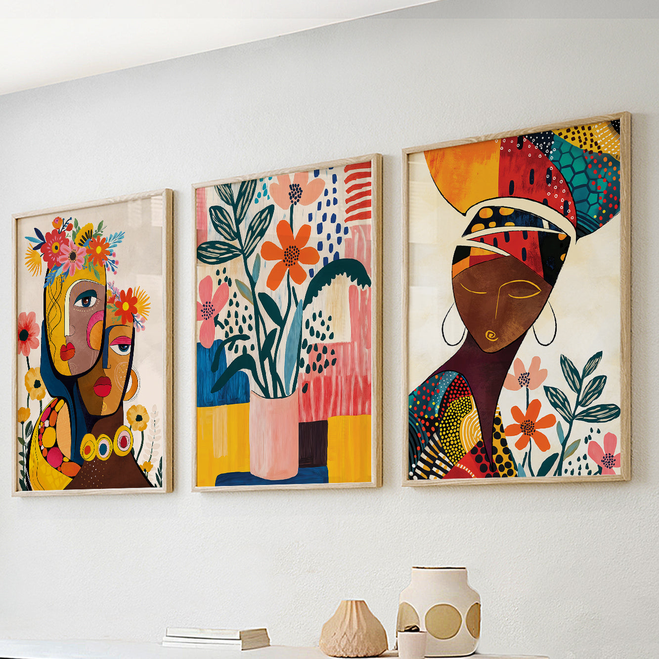 Colorful boho African nature art set of 3 prints, ethnic posters for contemporary room decor