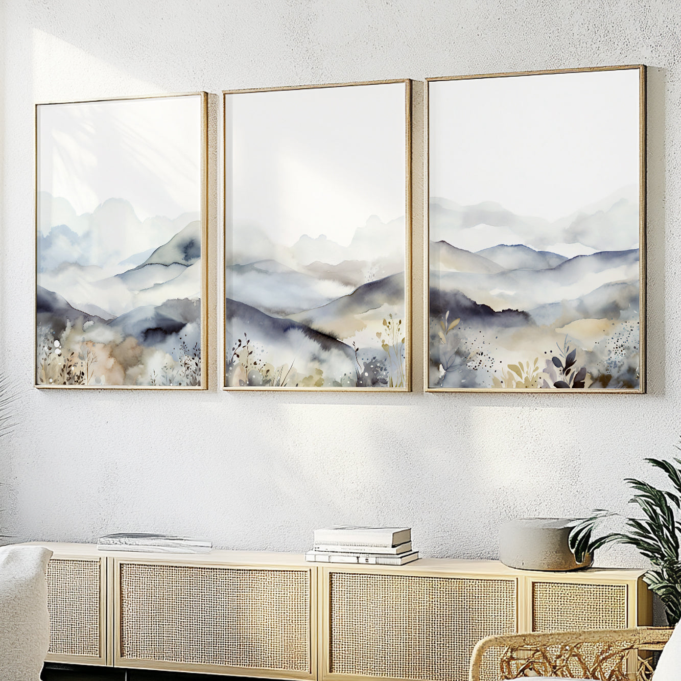 Neutral Abstract Mountain Set of 3 – Mid-Century Minimalist Art