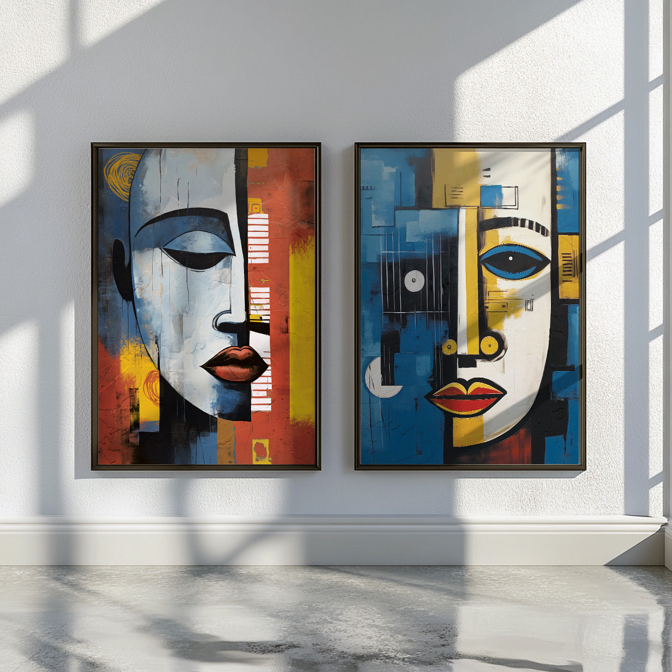 Contemporary African wall art set of 2 prints – abstract man and woman portraits, colorful above bed art for aesthetic room decor