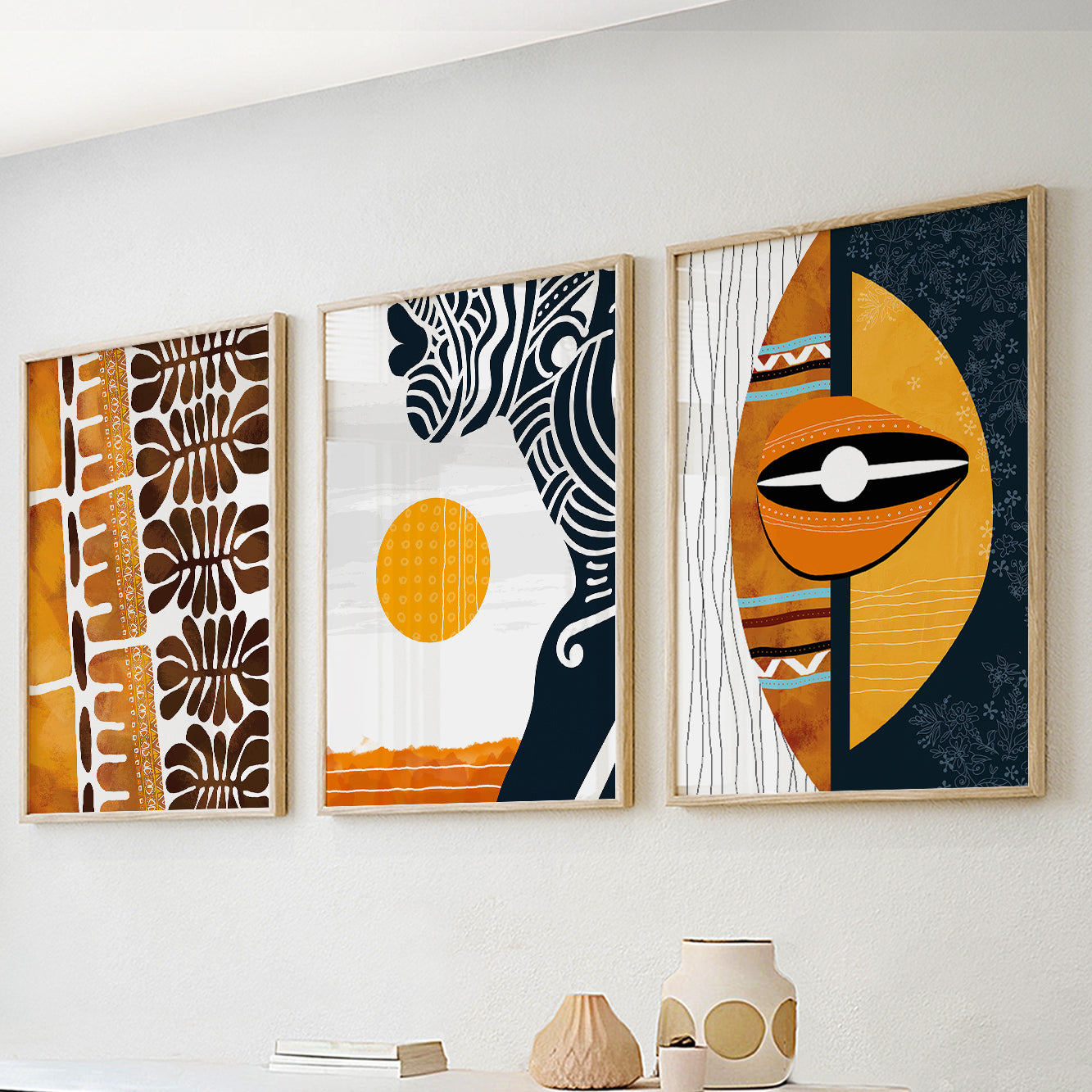 Set of 3 African black woman portrait prints, abstract ethnic art for modern home decor