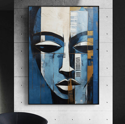 Minimalist modern African American art print – navy blue grey woman portrait, living room decor