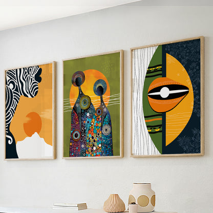 Set of 3 colorful abstract tribal prints, black woman portraits in bright African art style