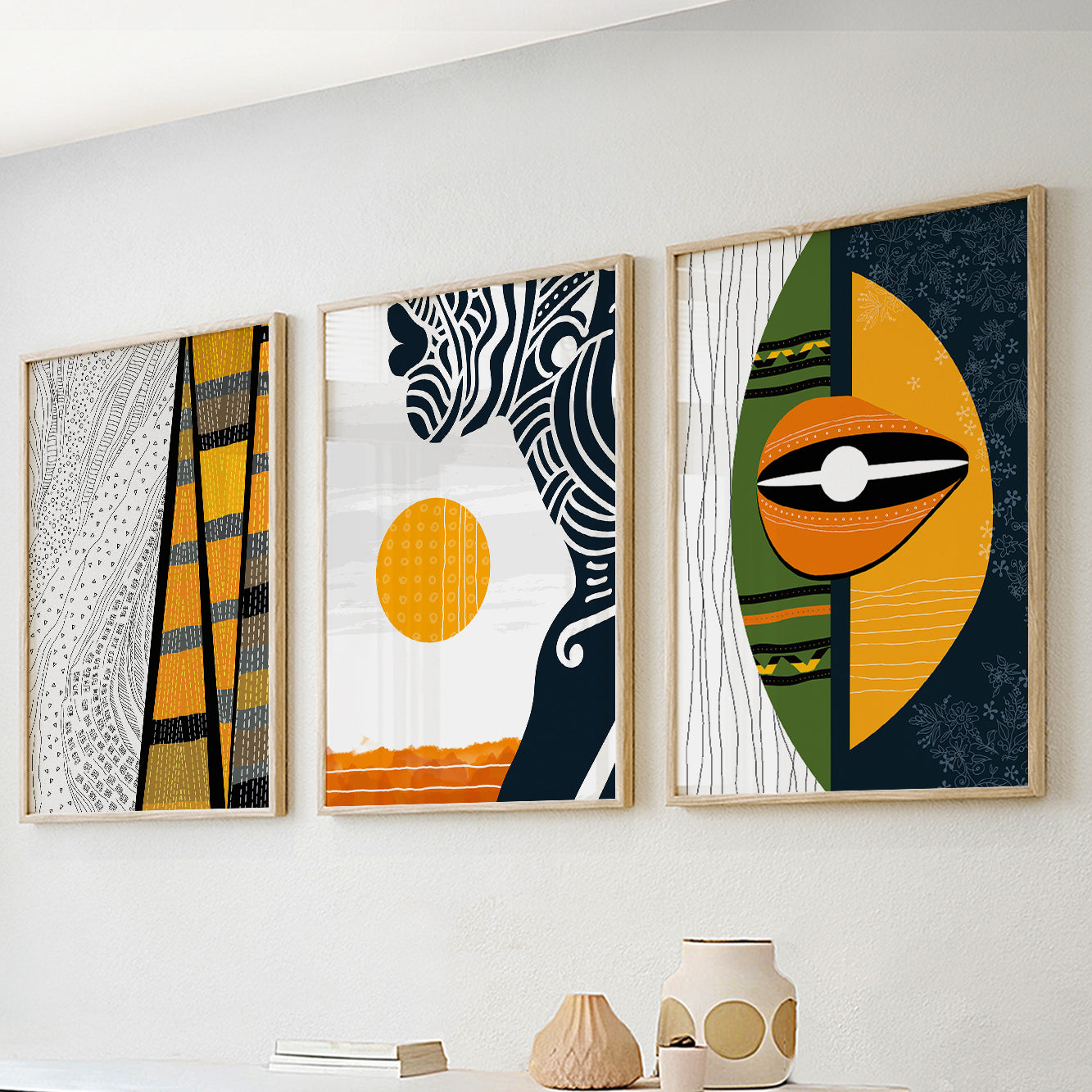 Modern African art set of 3, colorful abstract prints featuring black women in bold hues