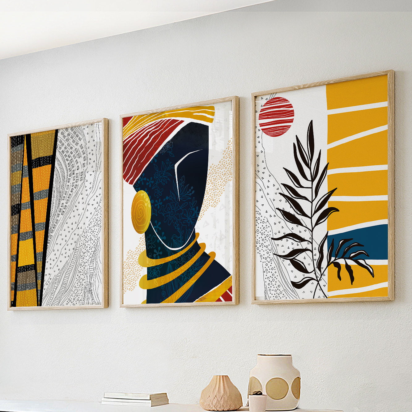 Modern African American art set – abstract ethnic black woman prints, bright minimalist girl face drawing for home decor