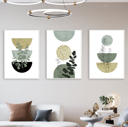 Set of 3 Green Boho Botanical Abstract Wall Art Prints – Modern Minimalist Plant Posters with Olive, Black, and Neutral Geometric Shapes