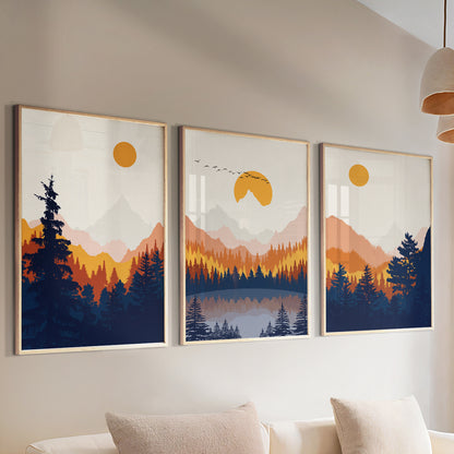 Modern Landscape Wall Art Set of 3 – Terracotta Navy Blue Mountain Nature Posters, Minimalist Gallery Art