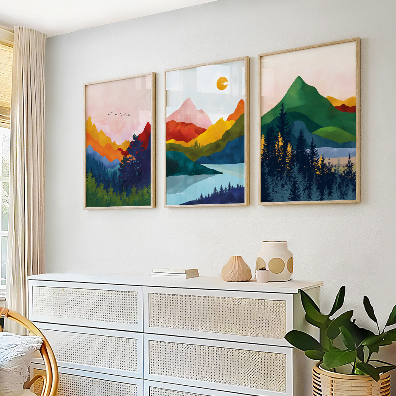 Vibrant Scandinavian Abstract Mountain Prints Set of 3 – Colorful Nordic Landscape Modern Wall Art