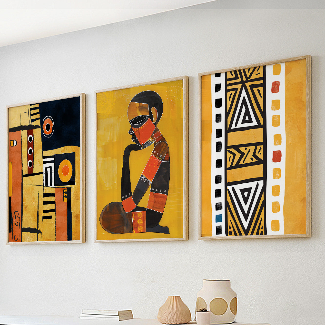 Mustard African art set of 3 prints, vibrant abstract ethnic posters for aesthetic living room wall