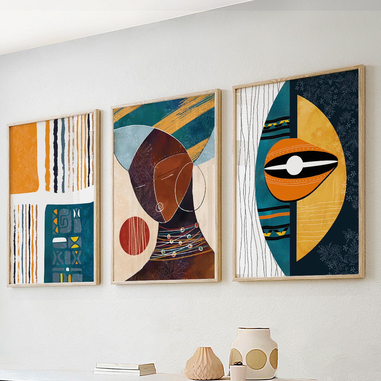 Contemporary abstract African art set of 3 – vibrant black woman portrait gallery wall for above bed decor