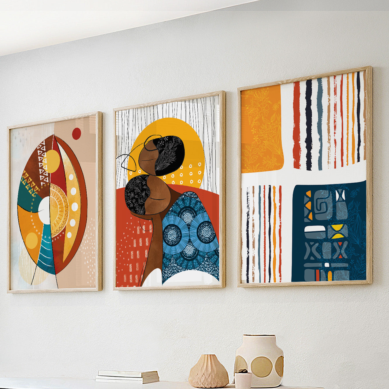 Colorful abstract black woman art set of 3, ethnic gallery wall decor for bedroom, modern minimalist home