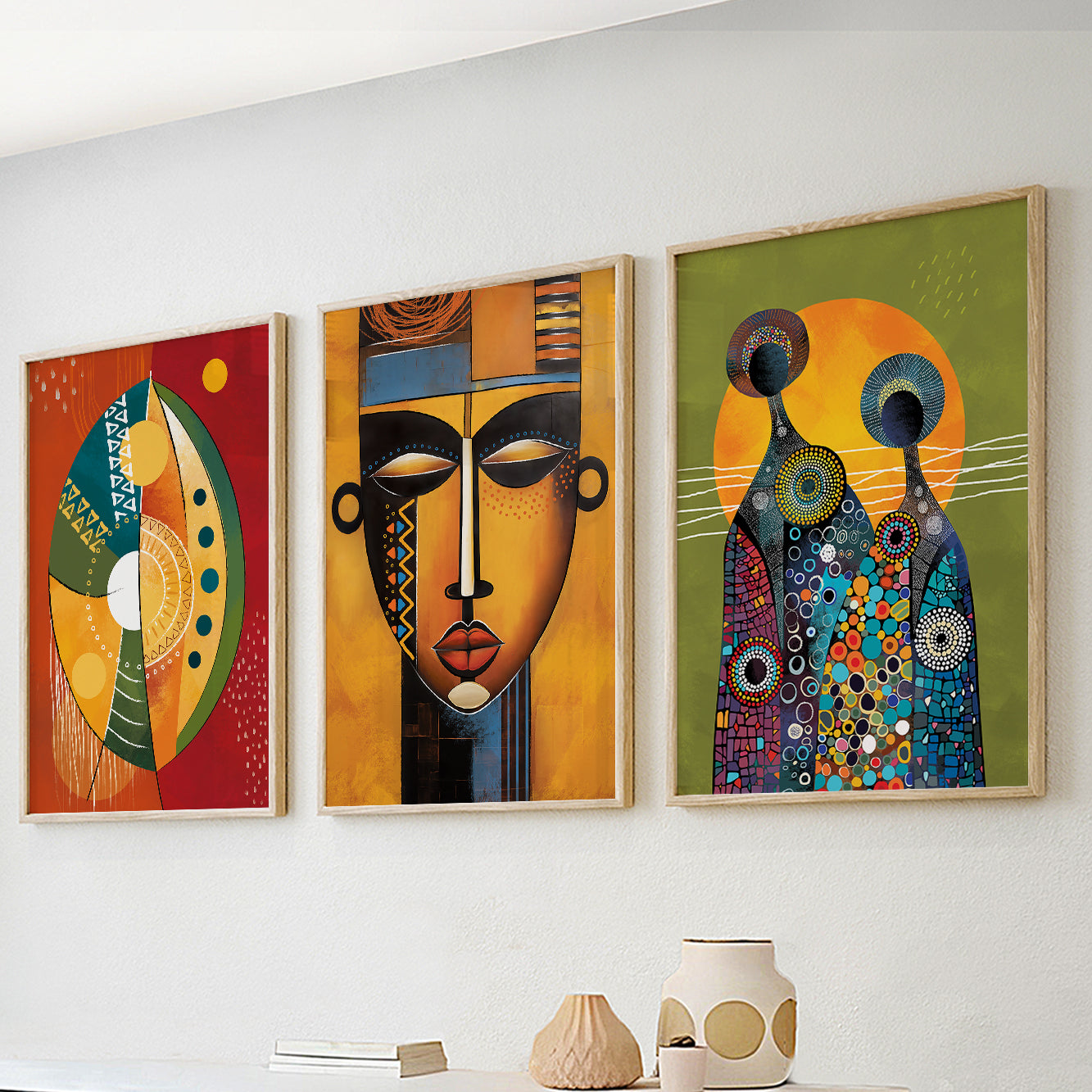 Colorful abstract black African American art set of 3, modern minimalist gallery wall set for bedroom