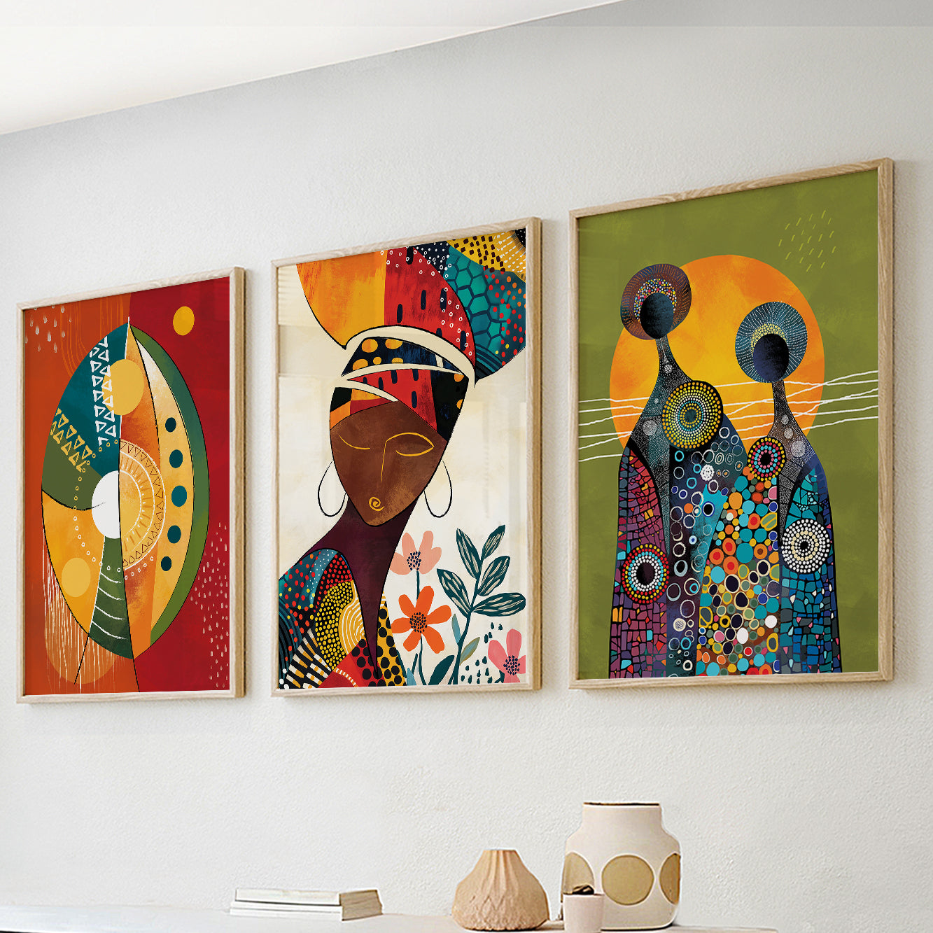 Set of 3 African vibrant abstract art prints, modern black woman portrait for minimalistic home decor