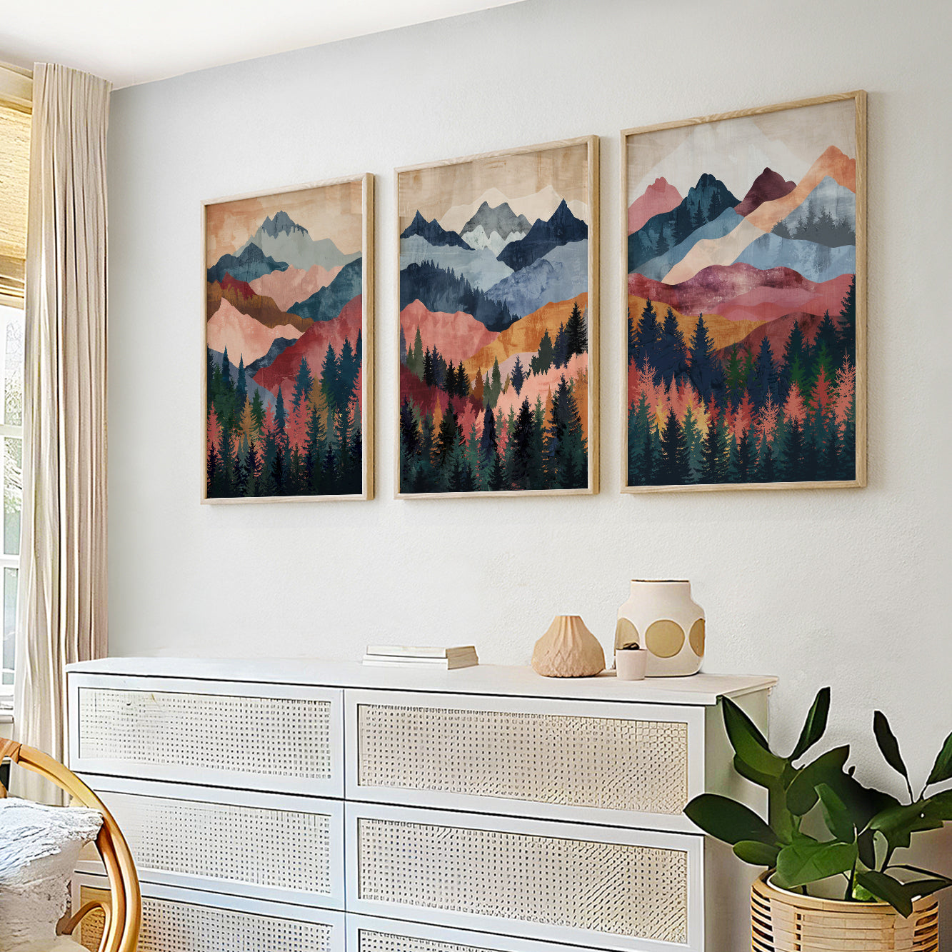 Boho Nature Mountain Wall Art Set – Mid Century Modern Extra Large Colorful Landscape Prints