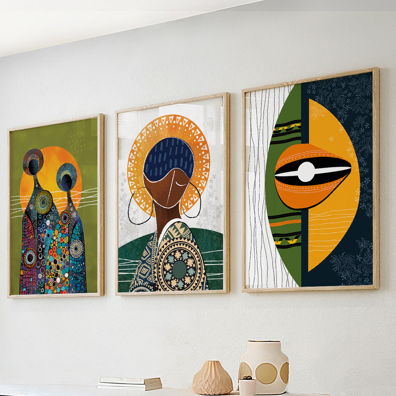 Modern African American art set of 3, colorful ethnic women prints for minimalist apartment or as a home gift