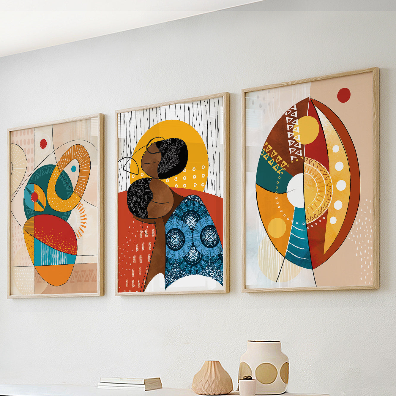 Colorful modern African American woman print set of 3, abstract ethnic art for vibrant gallery wall decor