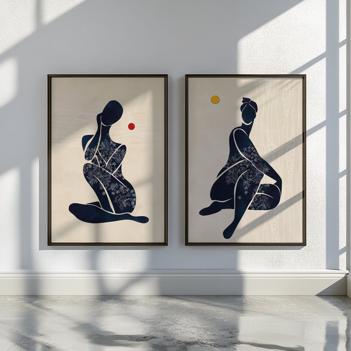 Set of 2 abstract black woman figures – modern minimalist African American wall art for bedroom or living space