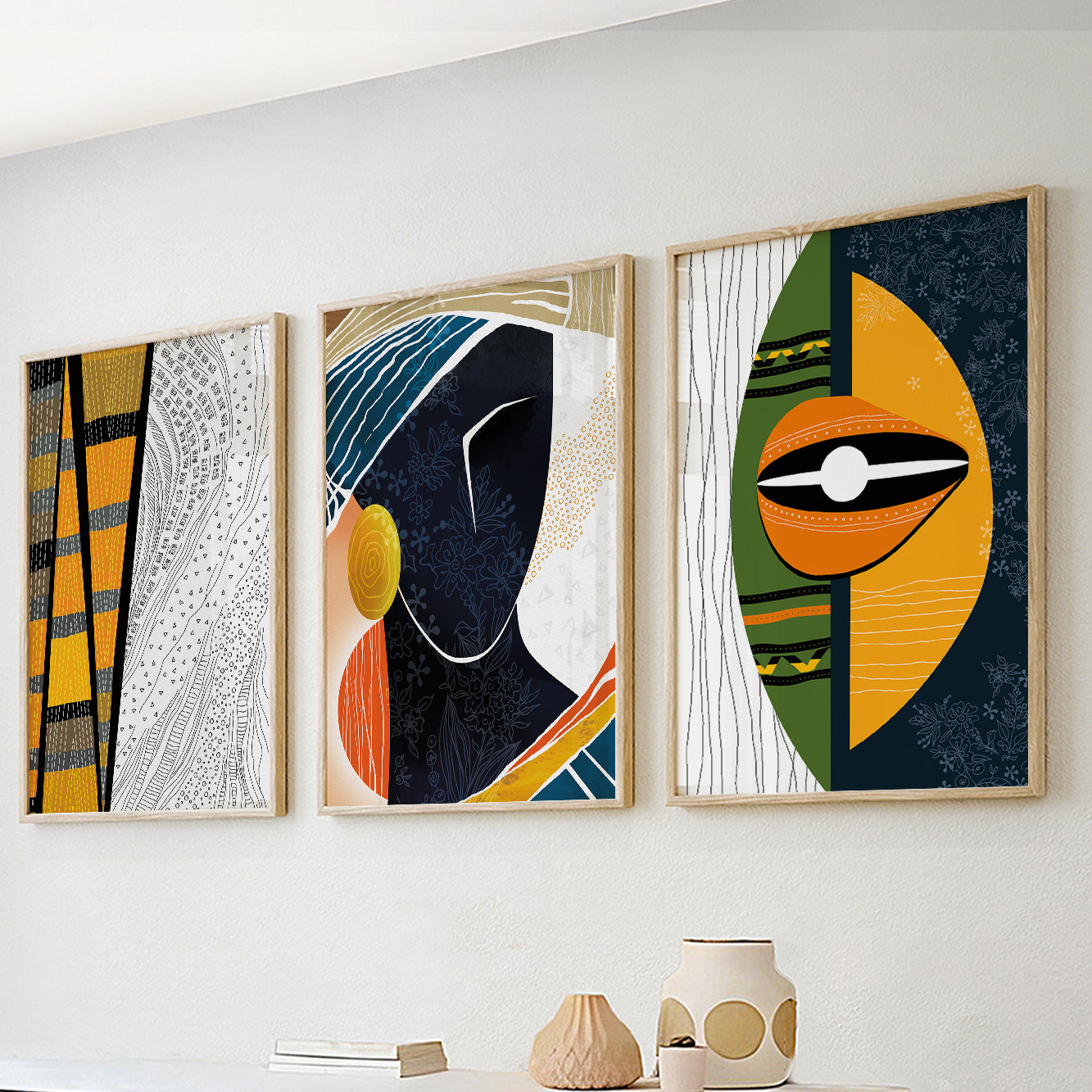 Modern abstract African American art set – large black woman portrait prints for stylish home or office decor