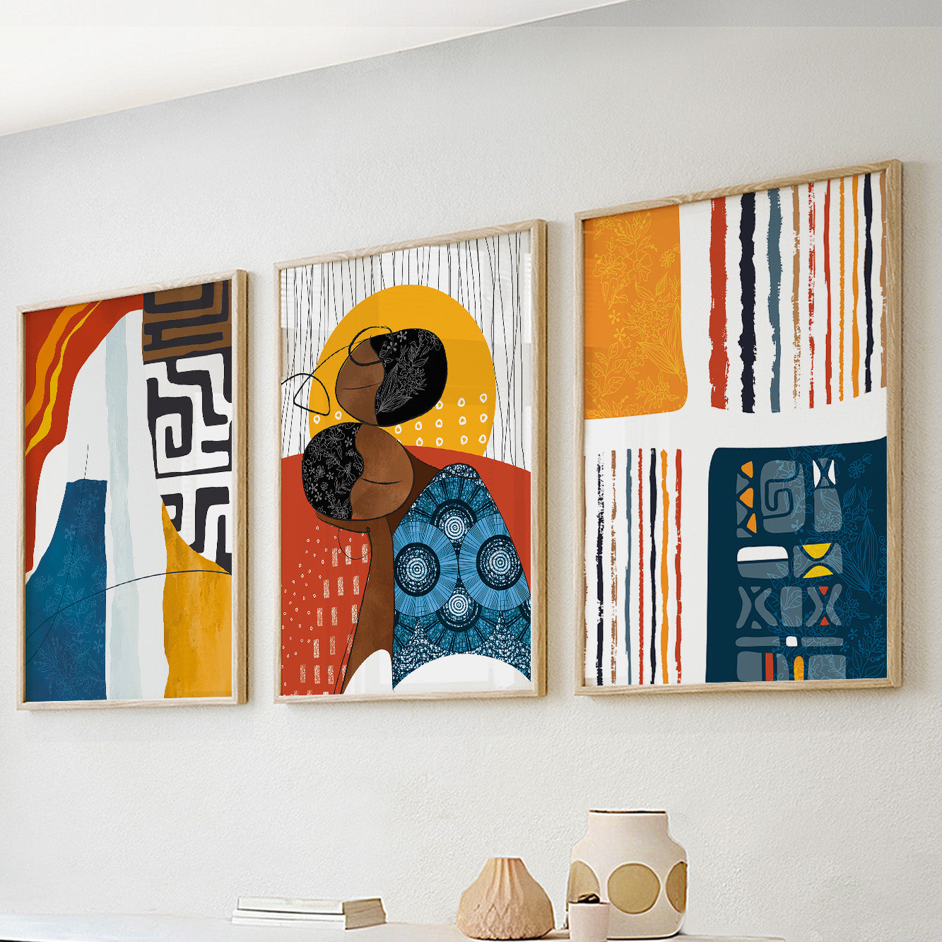 Set of 3 colorful abstract African American prints, extra large modern wall art for stylish interiors