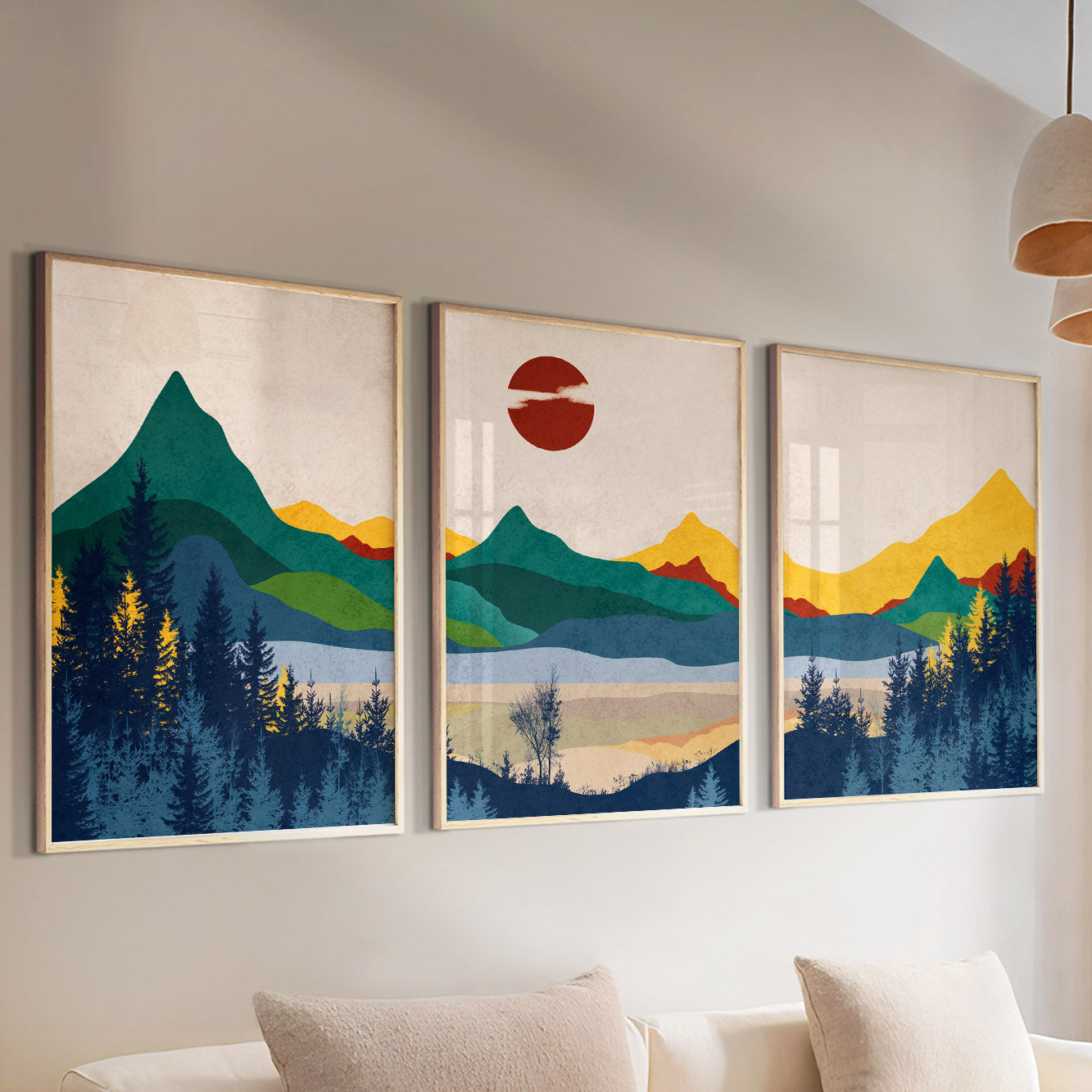 Set of 3 Abstract Mountain Art Prints – Colorful Landscape Posters, Boho Mid Century Modern Decor