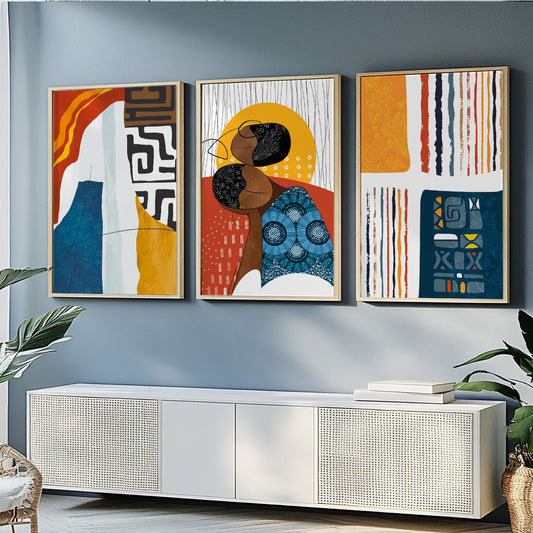 Contemporary African wall art set, bold abstract prints with traditional patterns and figures