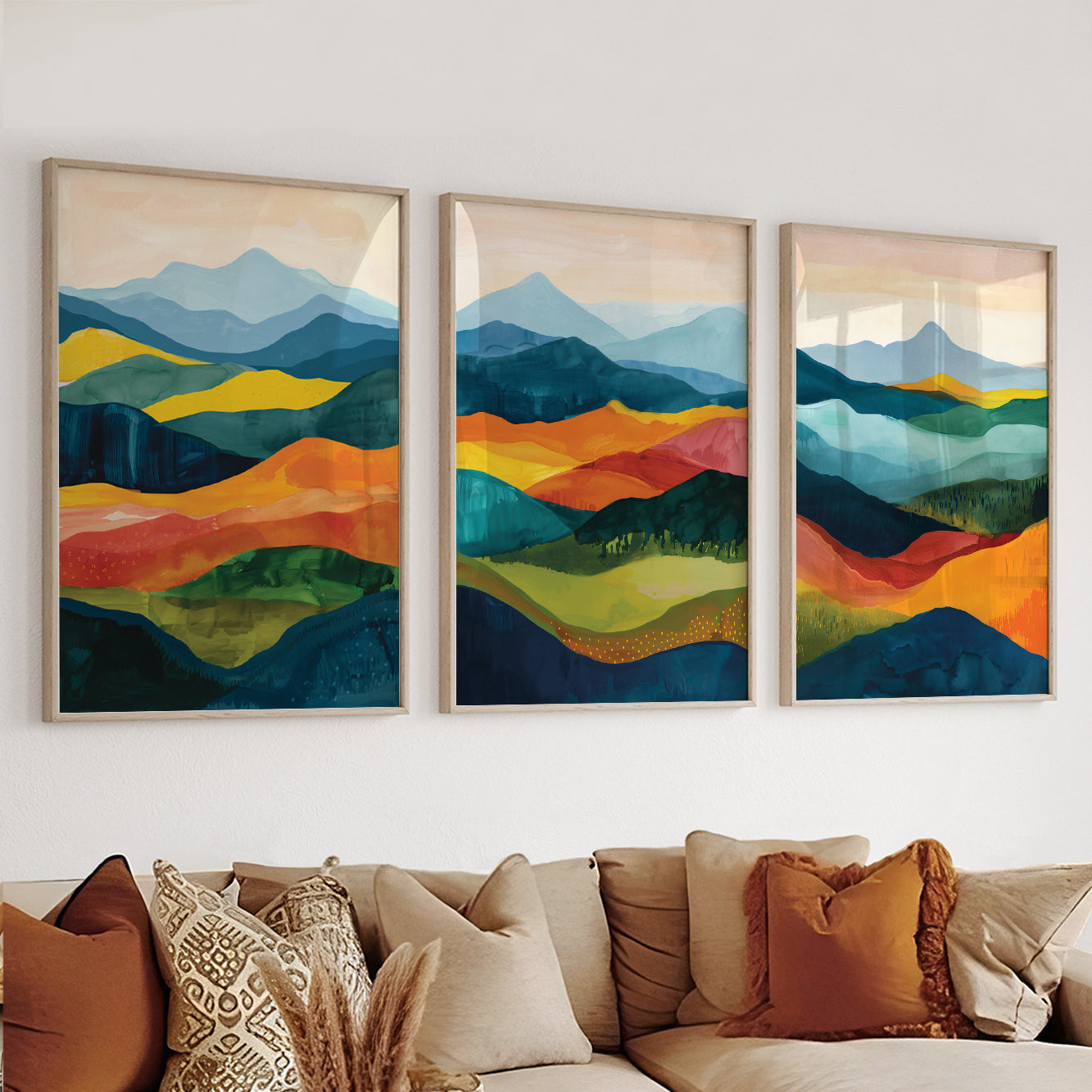 Vibrant Mountain Landscape Prints – Set of 3 Colorful Abstract Wall Decor