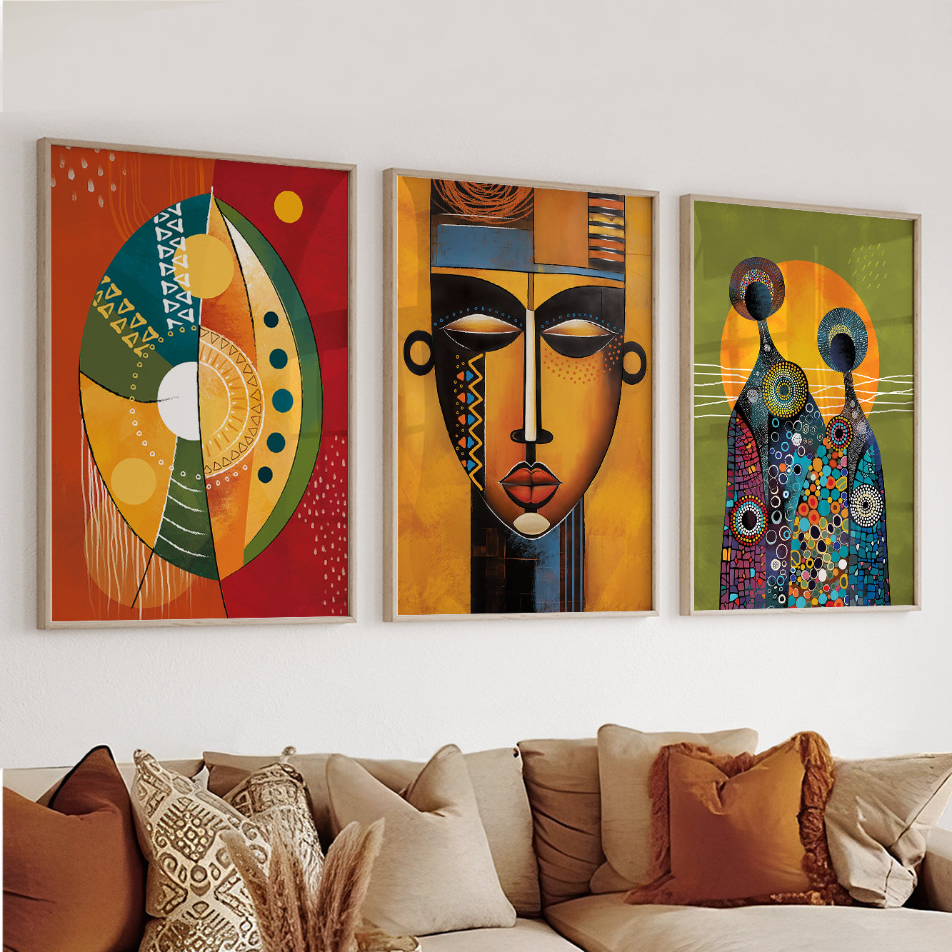 Ethnic gallery wall set of 3, abstract black African American prints for modern bedroom or living room