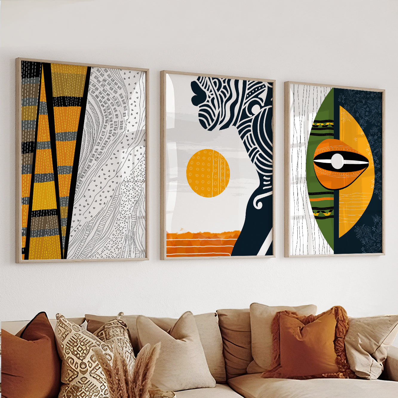 Set of 3 African American art prints, abstract black woman portrait for contemporary bedroom