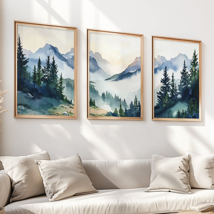 Mountain Wall Art Set of 3 Prints – Forest Landscape Wall Art