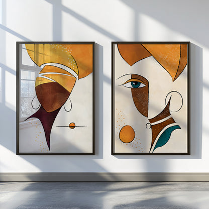 Set of 2 African American abstract posters, black woman portrait and girl faces painting